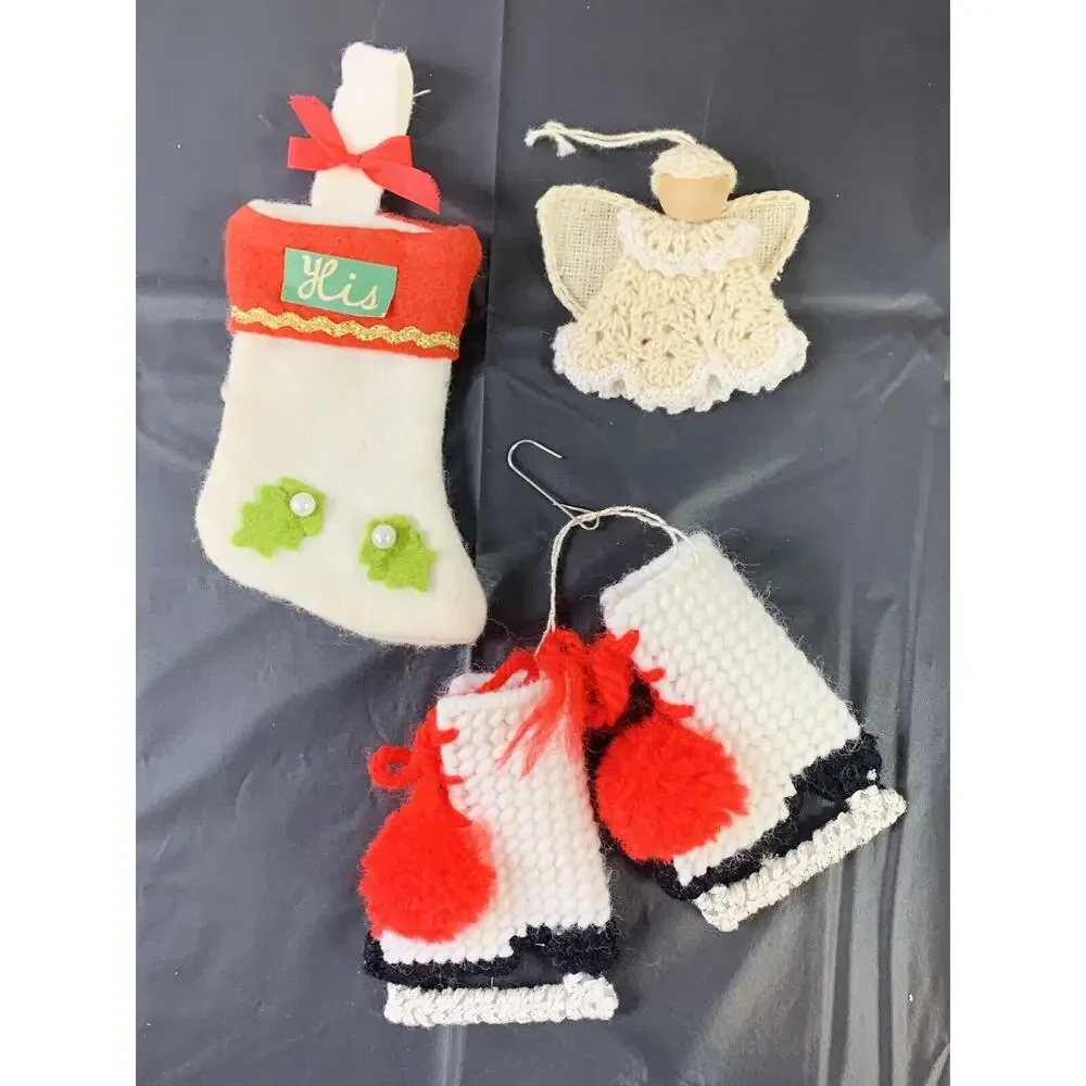 Vtg Mixed Lot Of 10 Christmas Ornaments Plastic Canvas Yarn Crocheted Felt